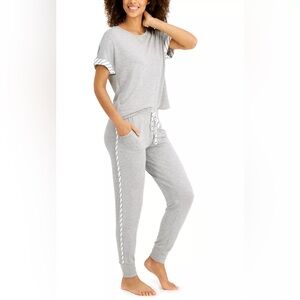 Alfani XXL Ultra-Soft Knit PJ Top & Contrast Trim Pants 2pc Set Heather Grey